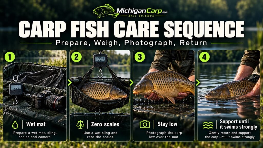 Carp fish care sequence showing preparation, safe weighing, low photography, water recovery and strong release.