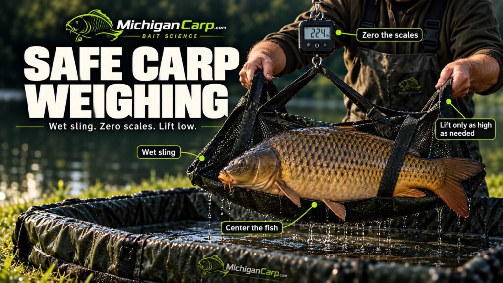 Safe carp weighing sequence showing a wet weigh sling, zeroed scales, supported fish and low controlled lifting above an unhooking mat.