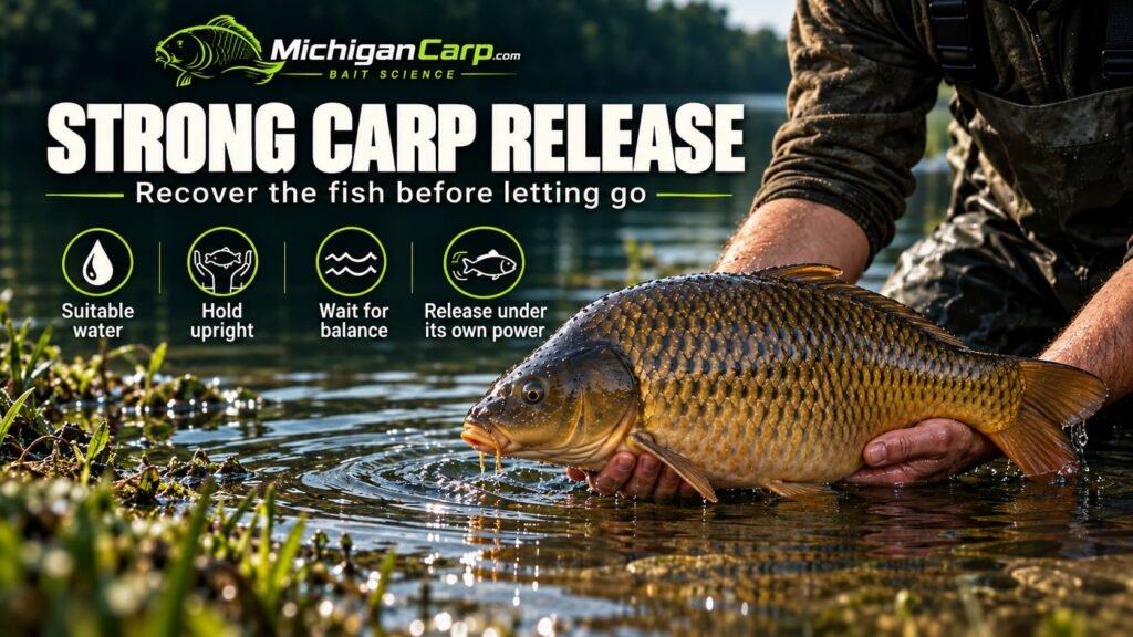 Carp being supported upright in shallow lake water during recovery before swimming away strongly after release.